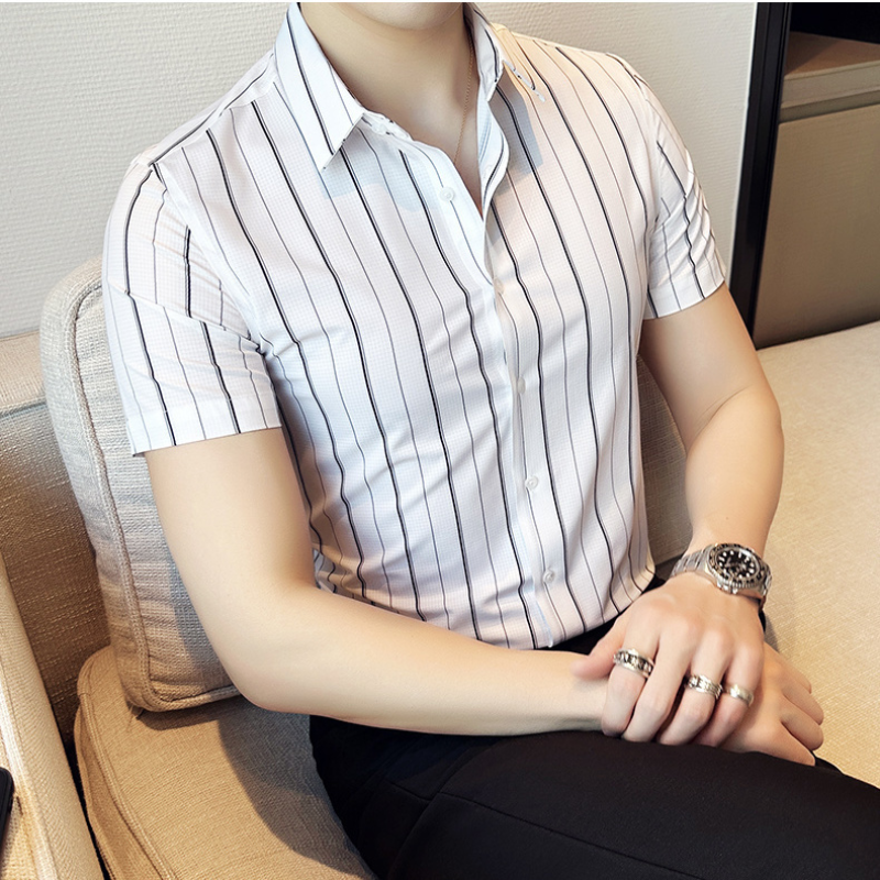 Summer Man Clothing Smart Casual Stripe Shirt Streetwear Fashion Slim Lapel Anti-wrinkle Green Thin Business Short Sleeve Tops