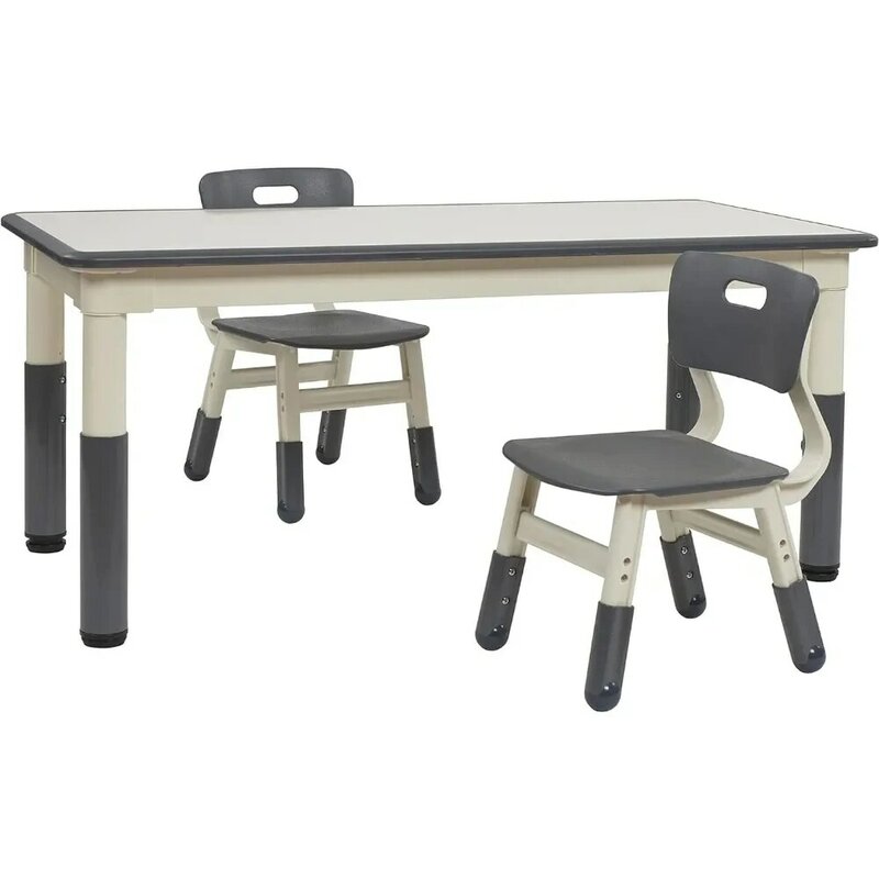 Mesa Dry Wipe Mesa de atividades retangular com 2 cadeiras, mobiliário infantil ajustável, cinza