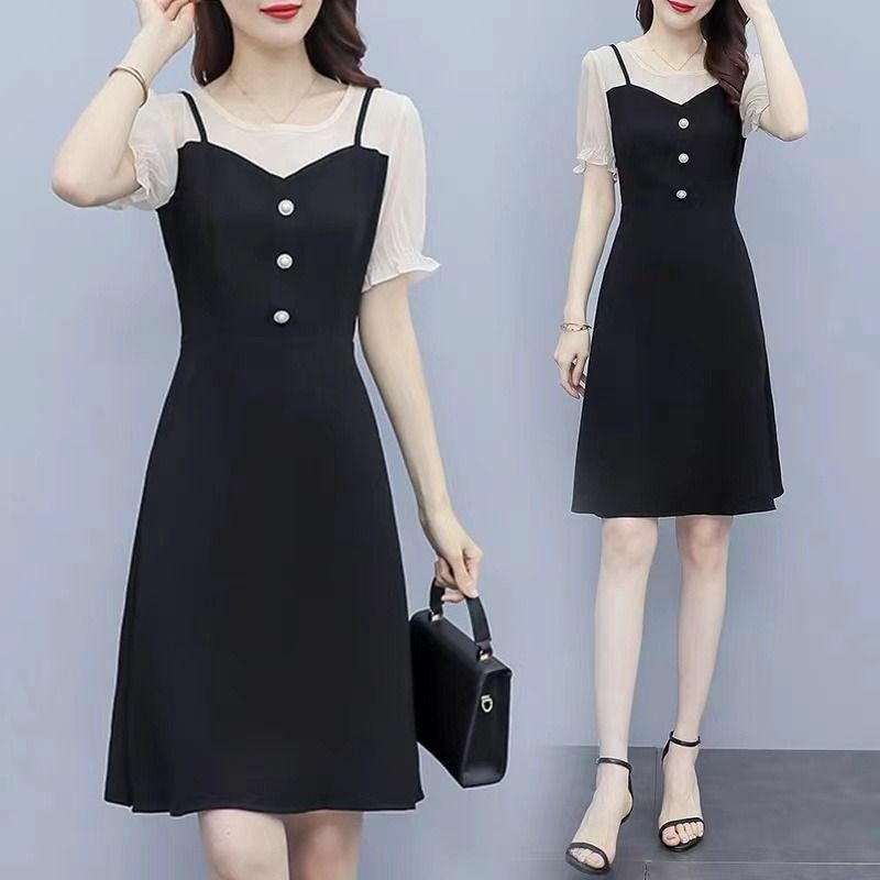 Ladies Summer Korean Simplicity Office Lady Patchwork Slim O-neck Short Sleeve Midi Dress Women Clothes Casual A-line Skirt