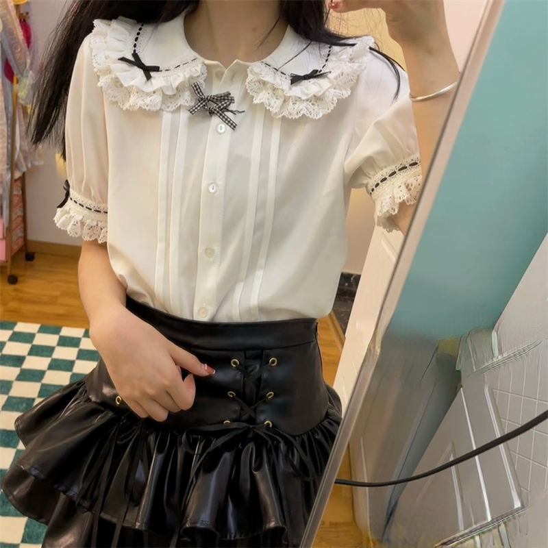 QWEEK-Blusa Lolita blanca con botones para mujer, camisa con cuello Peter Pan, cárdigan de encaje de manga larga, Tops suaves para niña, moda Kawaii 2021
