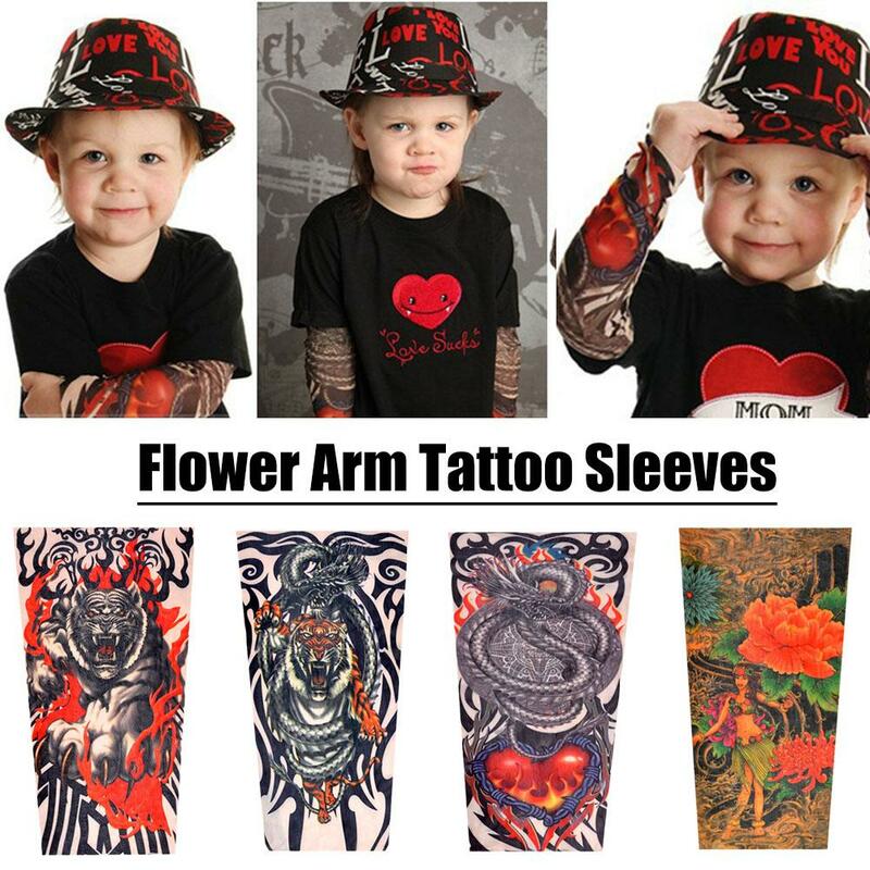 New Flower Arm Tattoo Sleeves Seamless Outdoor Riding Sunscreen Arm Sleeves Sun Uv Protection Arm Warmers For Children Kids
