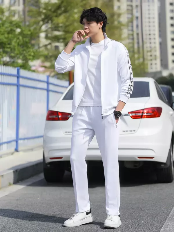 Спортивный костюм мужской из 2 предметов, Повседневный Белый приталенный костюм, Свитшот и брюки, дышащая одежда, весна-осень