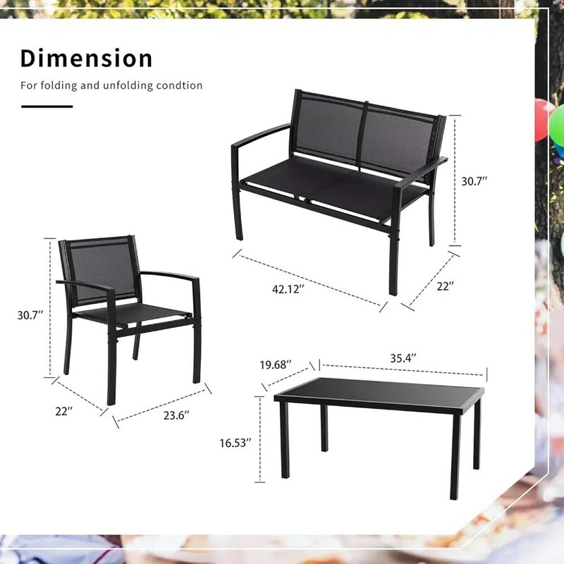 Loveseat 휴대용 접이식 의자 잔디, 가정용 정원용 싱글 의자 2 개, 유리 커피 테이블 베란다 (블랙) 야외 가구