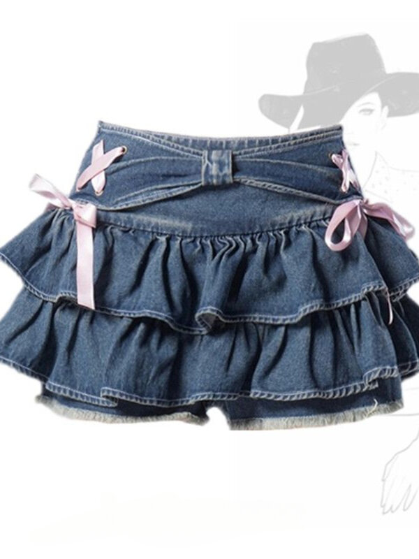 Джинсовые юбки HOUZHOU Y2k для женщин, летняя уличная одежда, милая плиссированная мини-юбка с бантом для девушек, пикантная винтажная корейская мода