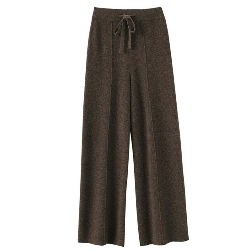Pantalones de pierna ancha de lana pura fina 100% para mujer, prendas de vestir exteriores, pantalones de punto de cintura alta, adelgazantes y sueltos