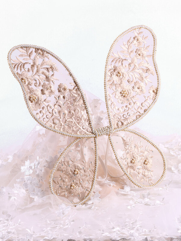 Alas de hada de bebé con flores bordadas de núcleo de perla beige, alas de encaje hechas a mano, vestido de calidad, alas cuidadosamente hechas a mano para