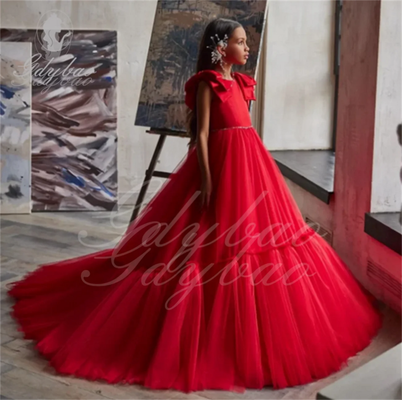 Vestido de dama de honra vermelho feminino, roupa de princesa infantil, vestidos longos, concurso de baile, comunhão, 13, 14 Ye