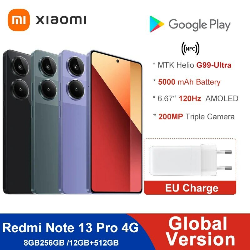 Xiaomi-Smartphone Redmi Note 13 Pro 4G, MTK Helio G99-Ultra 6.67 "AMOLED Display 67W Turbo Charge avec 5000mAh, Version Globale