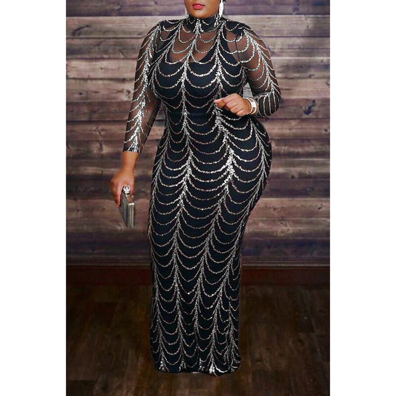 Plus Size Dresses Silver Tight Skirt Long Sleeve See-through Maxi Dress
