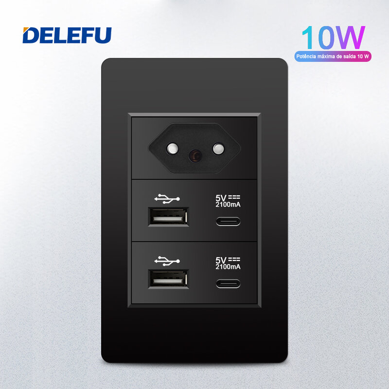 DELEFU 내화성 PC 패널 고속 충전 C타입 USB 브라질 표준 콘센트 플러그, 화이트 그레이 블랙 벽 소켓 스위치, 10A, 20A, 118mm