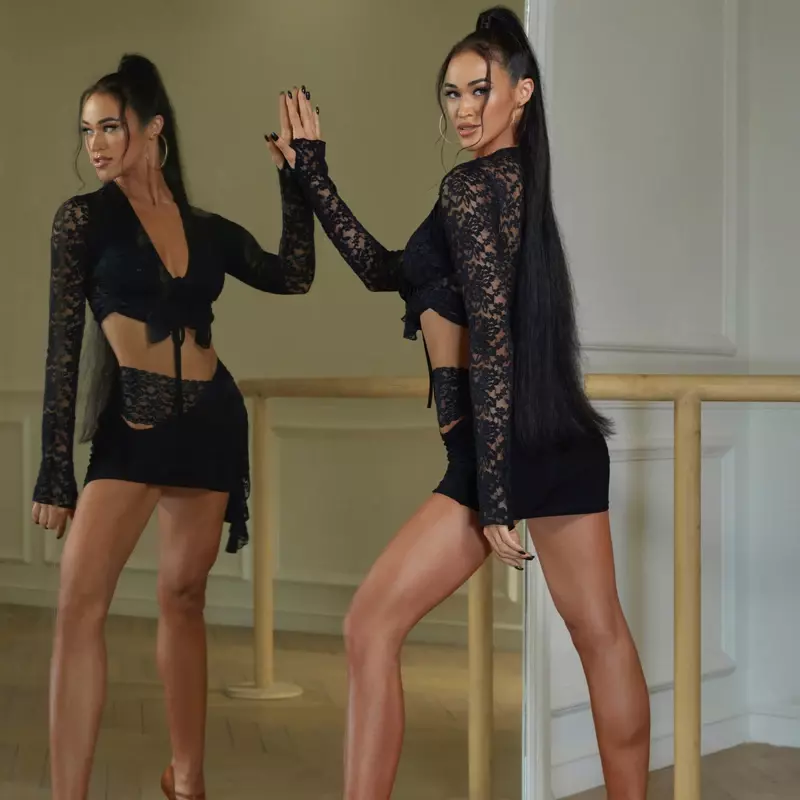 Dames Latin Danskleding Samba Chacha Danswedstrijd Kostuum Oefenkleding Sexy Kanten Latin Top Korte Rokjes