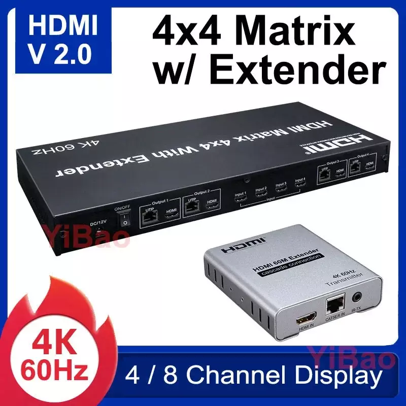 Matriz HDMI 2,0 4x4 con extensor a través de Cat5e Cat6 Rj45, divisor de interruptor de Cable Ethernet, pantalla de 4 y 8 canales, 4K, 60Hz
