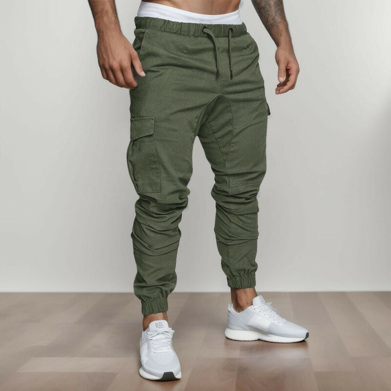 Calça esportiva de bolso múltiplo masculina, casual com cordão fitness, calça de faixa de jogger, moda, nova, 2024