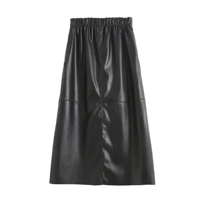 Women's 2023 Chic Fashion Joker Side Pocket Design Leather Fabric Long Skirt Retro High Elastic Waist Drawstring Lining Skirt.