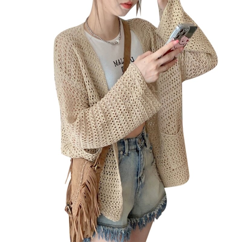 Women's Solid Color Long Sleeve Hollow Out Open Front Knit Cardigan Sweater Dropship