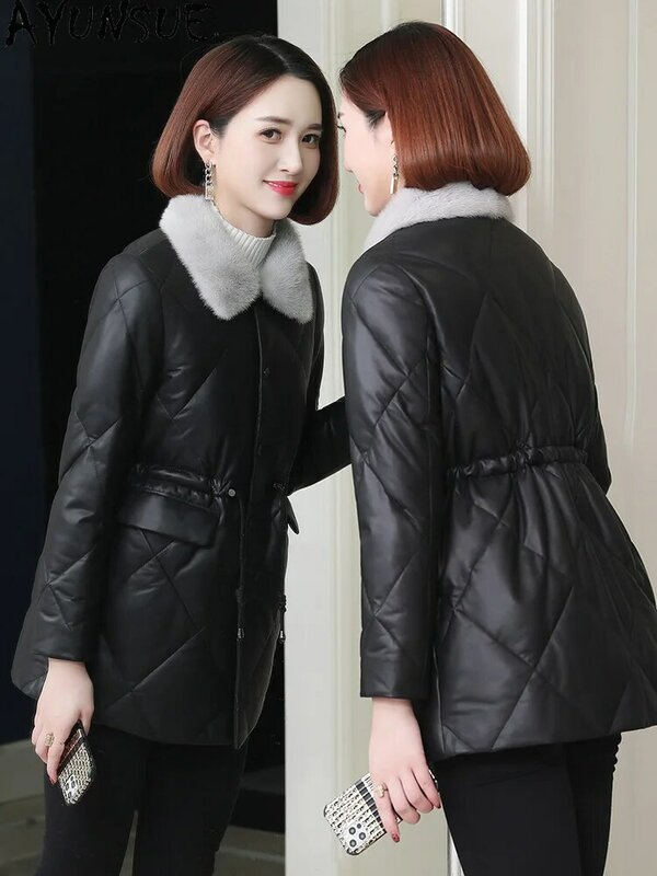 AYUNSUE-jaqueta de couro real para mulheres, casaco de comprimento médio, pele de carneiro genuína elegante, gola de pele de vison, casacos pretos, inverno 2023