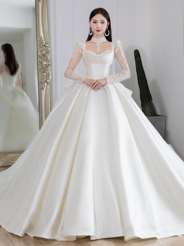 Satynowa francuska suknia ślubna 2023 nowe suknie ślubne z długim rękawem w przemyśle ciężkim o wysokiej teksturze