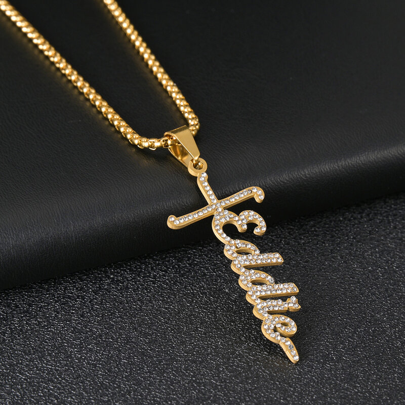 Cross Custom Name Pendant Zirconia Stone Stainless Steel Letter Necklace Classic Jewelry Women Men Jesus Party Christmas Gift
