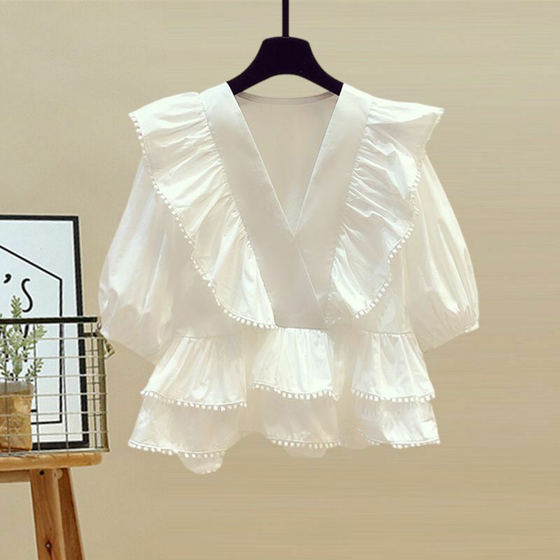 Spring/Summer Fashion Set Women's 2024 Korean Loose V-neck Top High Waist Denim Skirt Elegant Women's Two Piece Set