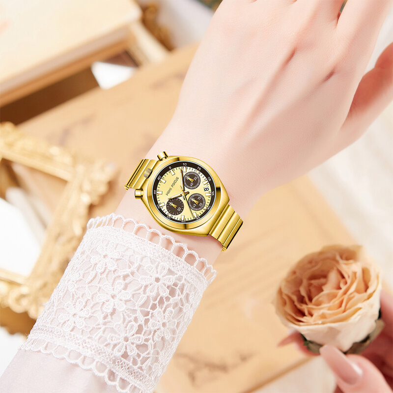 Minifocus Mode Klein Monster Womens Horloge Multifunctionele Panda Horloge Steel Band Chronograaf Vrouwen Armband Quartz Horloges
