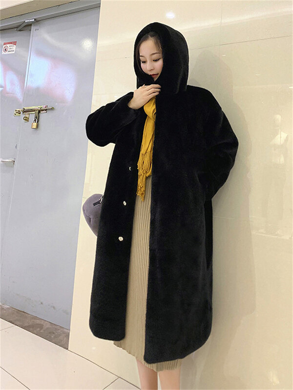 Casacos longos com capuz para mulheres, casacos grossos de inverno de imitação de vison, casaco de pelúcia quente grosso e solto, luxo, coreano