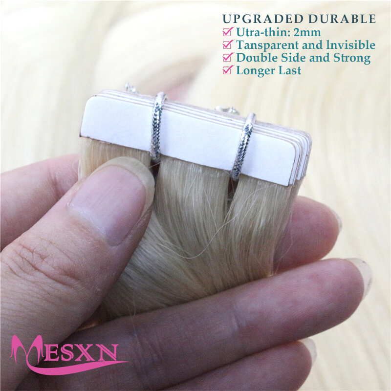 Mesxn-人間の髪の毛のエクステンションのテープ、自然でシームレス、目に見えない肌の横糸、両面接着剤、本物の髪、14 "-24"