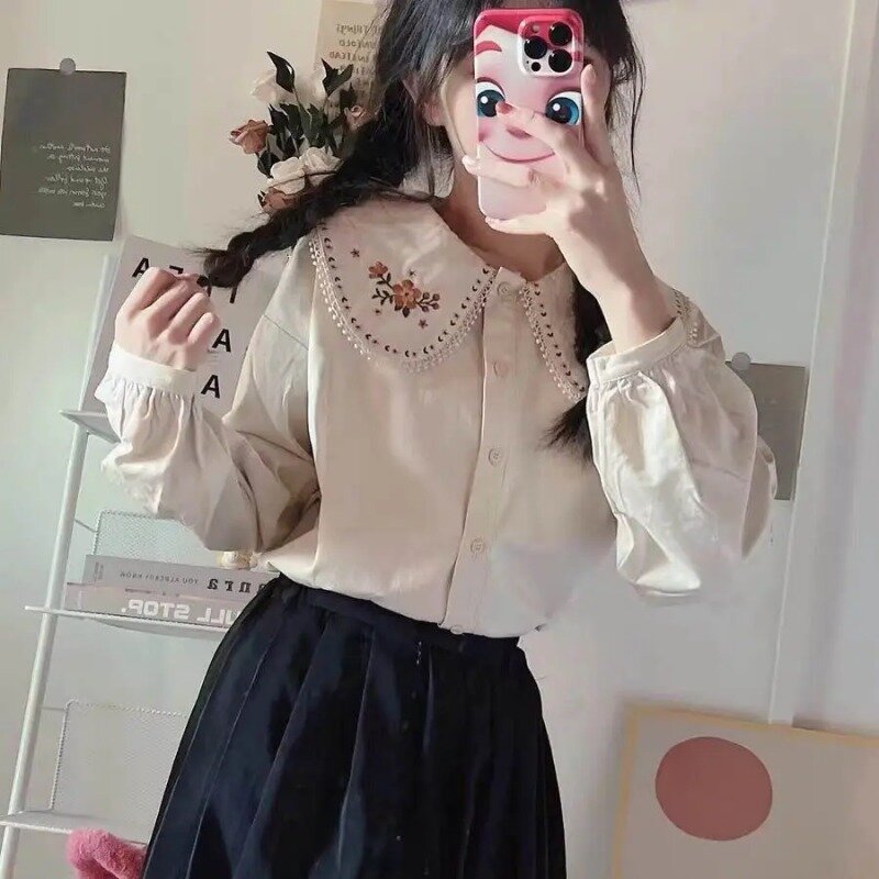 여성용 여름 귀여운 소녀 자수 꽃 셔츠, 레트로 헐렁한 피터 팬 칼라, 한국 스타일 사랑스러운 학생 올매치 레저