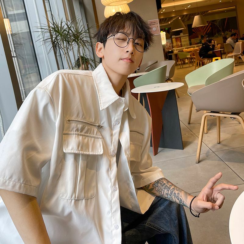 Blusa Harajuku de manga curta masculina, slim fit, solta, casual, casacos com todos os fósforos, monocromática, bolsos com zíper, botão, moda elegante