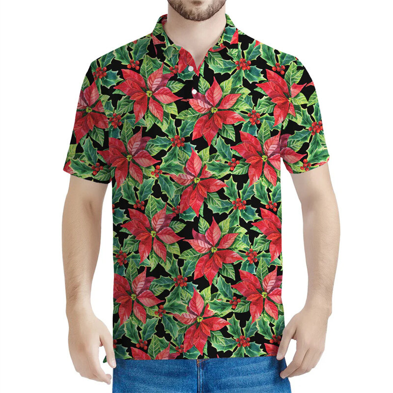 Poinsettia Flower Polo Shirt For Men 3d Printed Floral Short Sleeves Women Button Polo Shirts Tops Summer Casual Lapel Tees