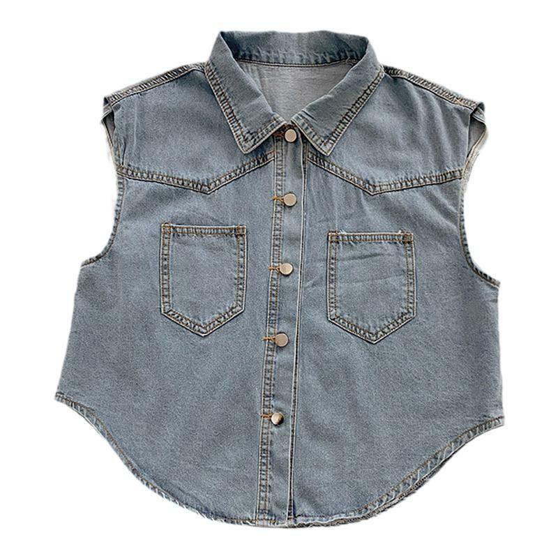 Rompi Denim biru kerah Single Breasted tidak beraturan, pakaian luar serbaguna Korea musim panas, rompi Denim biru Instagram