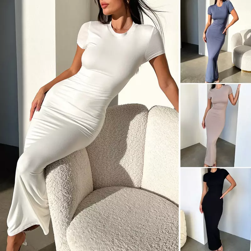YEAE Solid Color Sexy Slim Dress Round Neck Short Sleeve Tight Package Hip Dress Long Spice Girls Beach Vacation Traf New