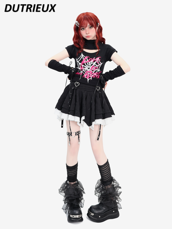 Dwuwarstwowa czarno-biała krótki plisowany spódnica bąbelkowa w stylu punkowym letnia nowa słodka, dopasowana do siebie krótka spódniczka
