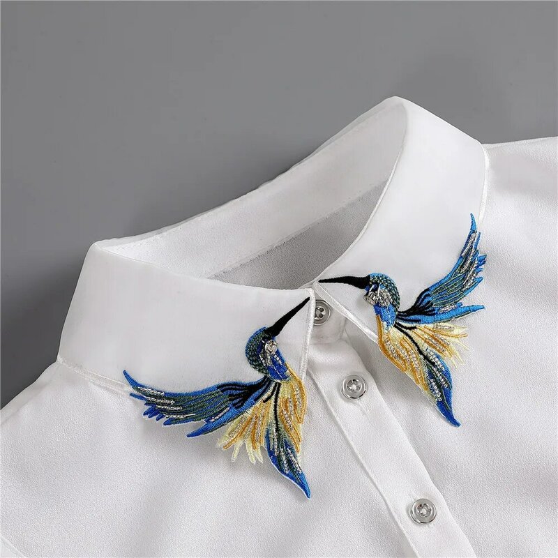 Женская рубашка с вышивкой и птичьим рисунком, искусственный воротник, съемная белая рубашка с фотоотворотом