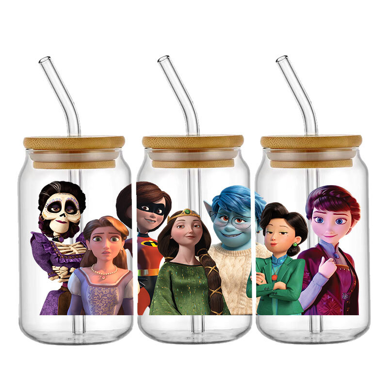 Prinzessin Cartoon Disney 16oz UV Dtf Cup Wraps Transfer Aufkleber für Glas Libbey kann selbst klebend wasch bar DIY benutzer definierte Flasche
