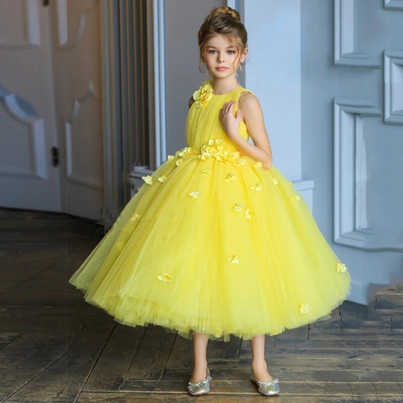 Cute Beaed Floral Tulle Flower Girl Dress Sleeveless Puffy Wedding Birthday Party Dress for Kid A-line Princess First Communion