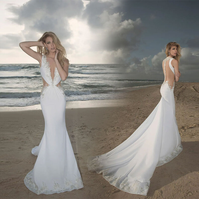 Gaun pernikahan putri duyung putih seksi gaun pengantin Satin applique renda leher V dalam gaun pantai musim panas wanita gaun kustom buatan khusus