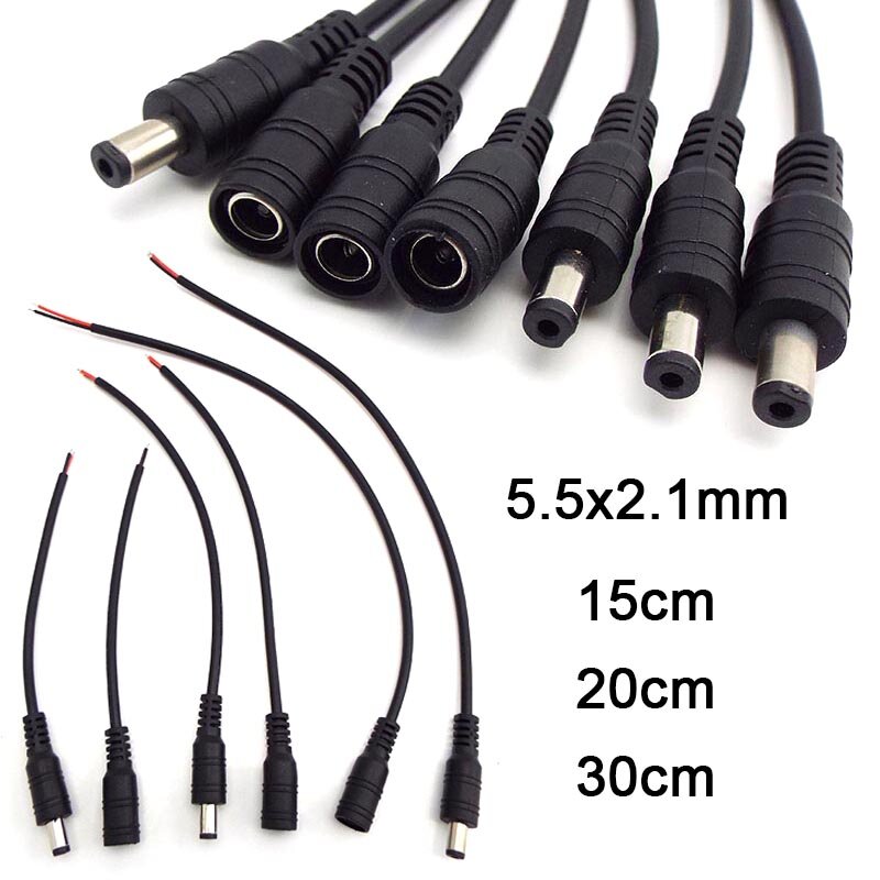 Cable de alimentación de CC Pigtail de 12V, conector macho y hembra de 5,5x2,1mm, adaptador de enchufe para controlador LED, DVR, monitor