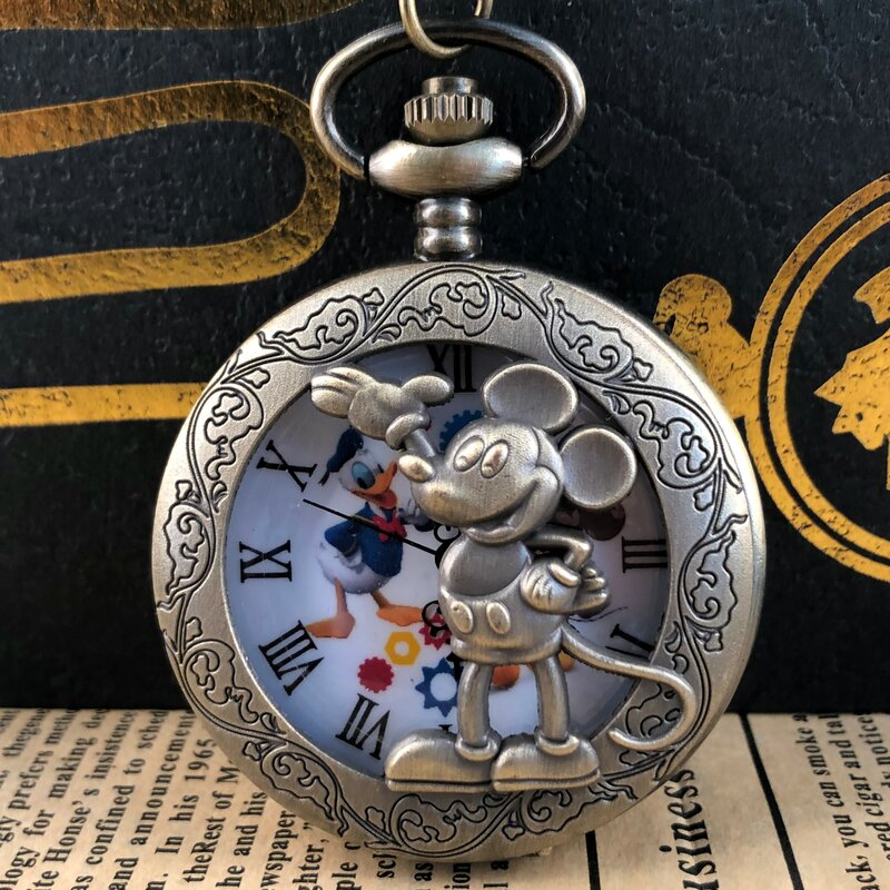 Классические кварцевые карманные часы с полыми мультяшными мышками, популярные аксессуары с римскими цифрами, подвесные часы на цепочке, подарки для мужчин и женщин