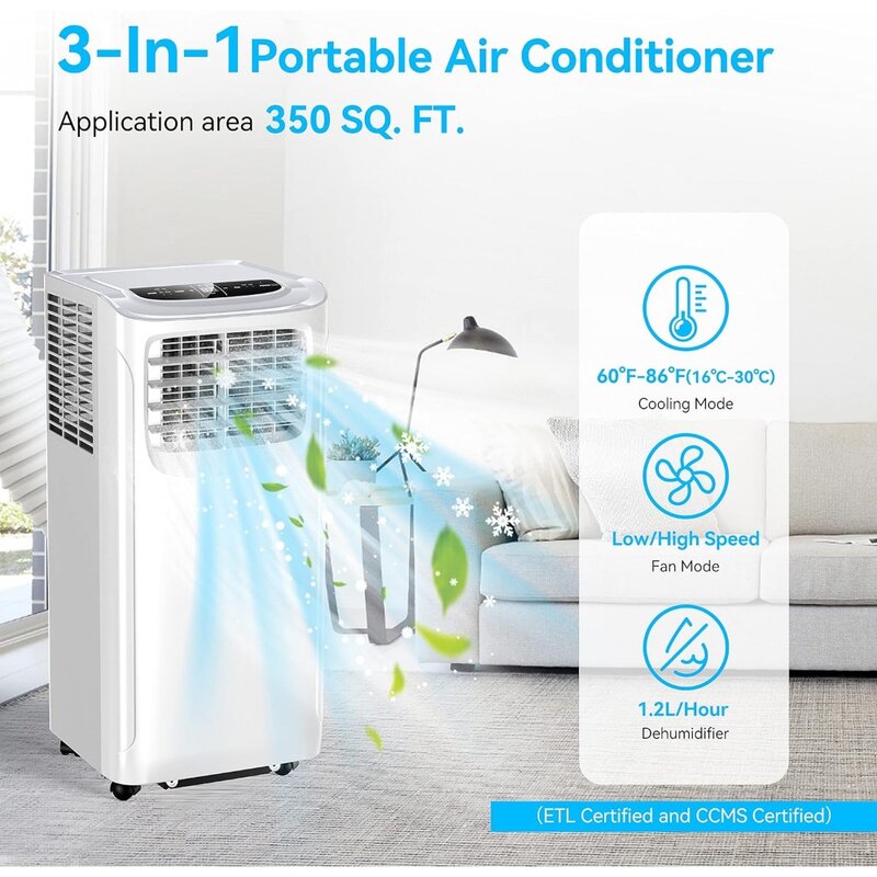 مكيف هواء محمول مع جهاز تحكم عن بعد ، مزيل الرطوبة ووضع ، مناسب للغرف تحت المروحة قدم مربع ، 3 في 1
