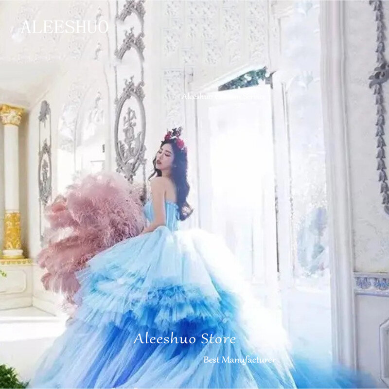 Gaun pengantin putri biru gaun pesta dansa gaun pengantin tanpa tali punggung terbuka seksi dengan kereta mode berjenjang sederhana Robe De Marie 2024