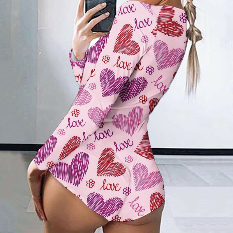 Valentines Day Women Onesie Pajamas Buttoned Butt Flap Jumpsuit Sleepwear Mouth Lips Heart Printed Adults Onesies Pajamas