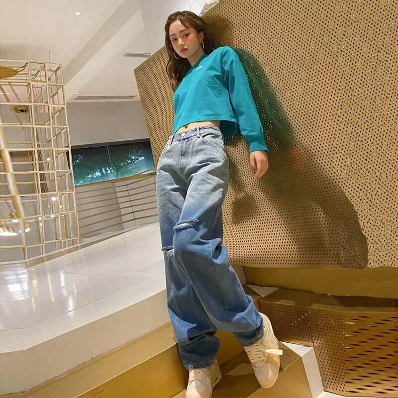 2022 moda jesienna i zimowa nowa gradientowa niebieska osobowościowa porwane jeansy damska luźna drapowanie wysoka talia i cienkie spodnie z szerokimi nogawkami