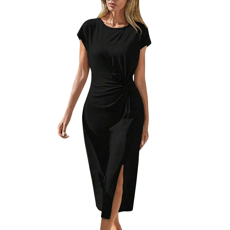 2024 Summer Women Split Dress abito a maniche corte intrecciato elegante tinta unita girocollo Midi Dress Party Vestidos