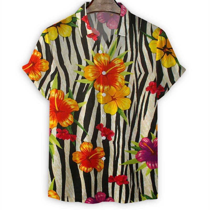 เสื้อฮาวายพิมพ์ลายดอกไม้เห็ด3D ใหม่สำหรับผู้ชายเสื้อสตรีทแขนสั้นเสื้อลำลองคอปกแบบหลวมสำหรับฤดูร้อน
