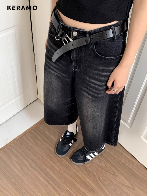 Harajuku Vintage pinggang tinggi hitam Retro dicuci celana pendek Denim wanita Fashion kasual longgar Fit Y2K Streetwear pertengahan panjang pendek
