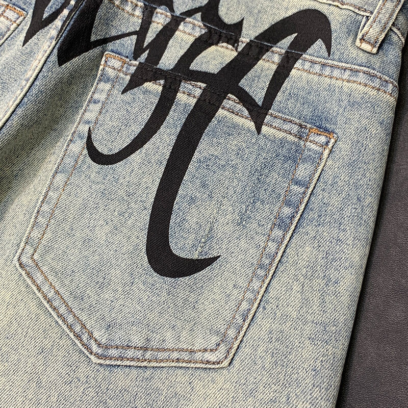 Wysokiej jakości modne męskie modne spodnie odporne na zużycie nadruk w litery smukłe proste styl hip-hopowy jeansy Retro