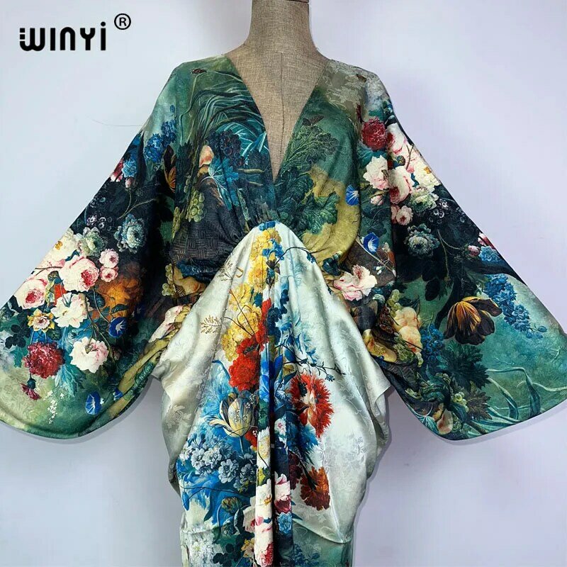 WINYI-Robe de plage bohème sexy à col en V pour femmes, haute qualité, double face, imprimé Boho, soie élégante, robe maxi, soirée, caftan