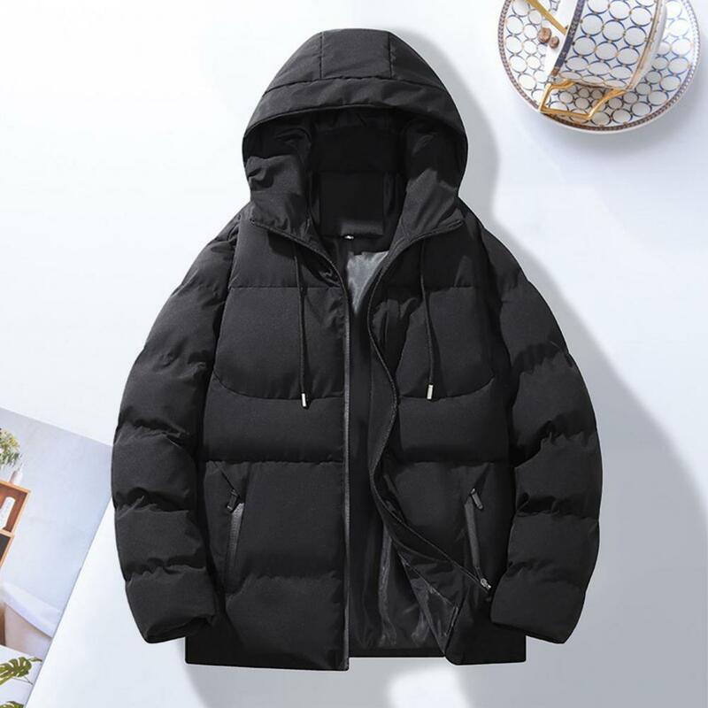 Winter Men Cotton Coat Thickened Padded Zip Up Zipper Pockets Warm Coat Windproof Heat Retention Hooded Men Down Coat