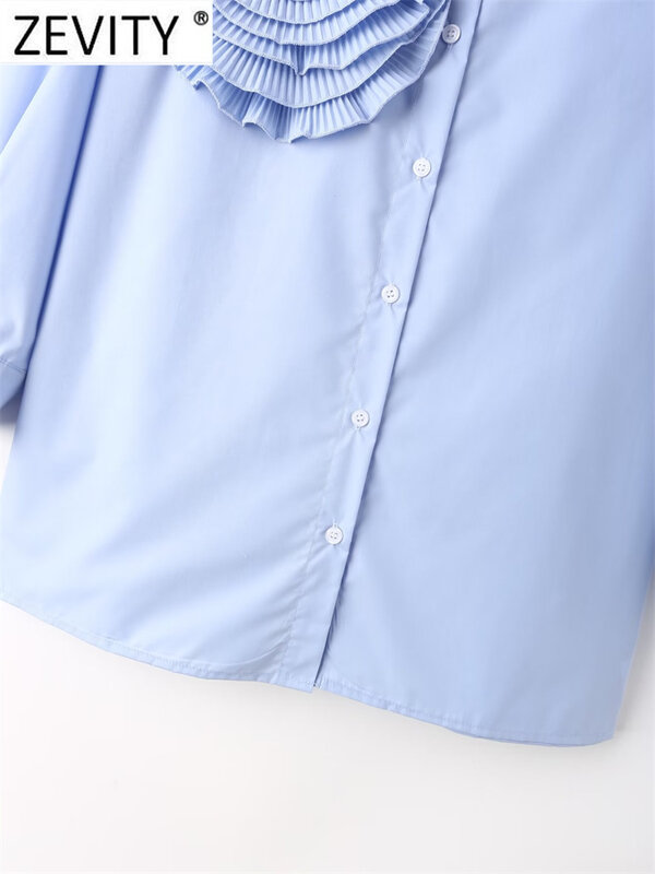 Zevity blus applique bunga besar berlipat mode wanita blus baju kerja Solid Kemeja kancing wanita kantor atasan blus kemeja wanita Chic LS5639