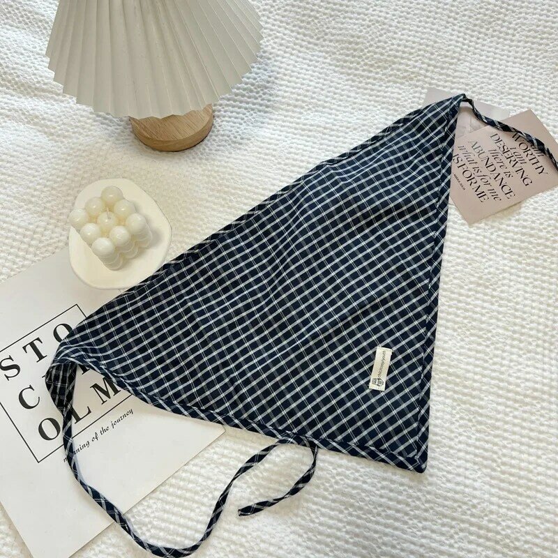 2024 Korean Plaid Cotton and Linen Triangle Scarf Women's Spring Versatile Fashion Small Scarf Decorative Scarf  Cute